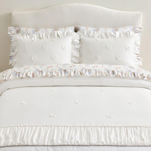 LoveShackFancy White Embellished Rosette Duvet Cover, White, Full/Queen