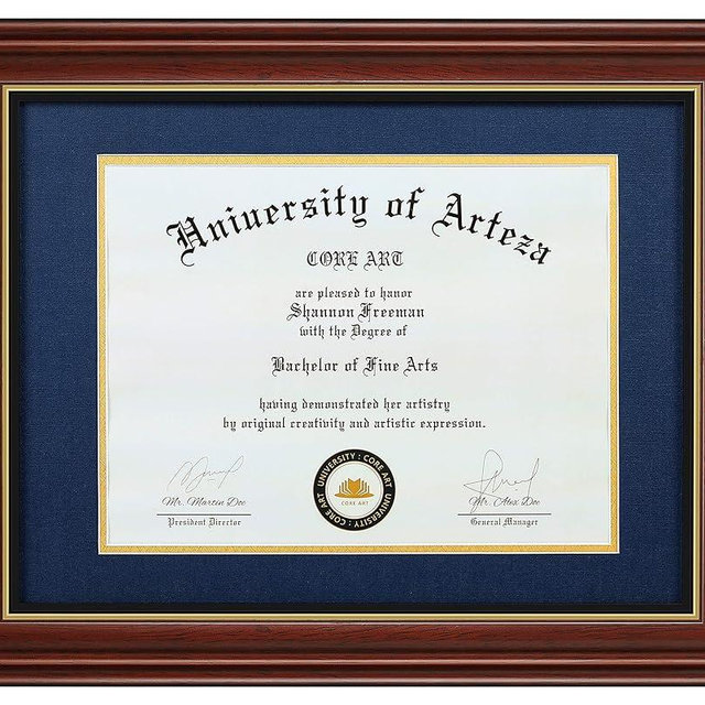 CORE ART 11x14 Diploma Frame Display Certificates 8.5x11 with Navy Mat or Documents 11x14 without Mat, College Degree Wooden Frame with Tempered Glass for Wall and Tabletop Display(Chocolate Brown)