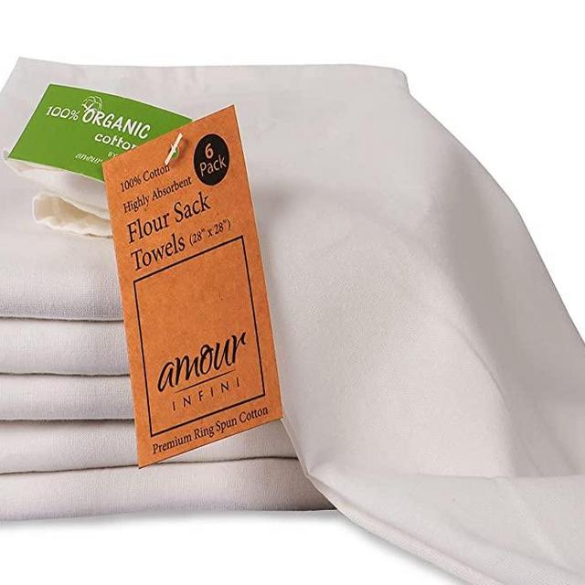 AMOUR INFINI Flour Sack Towels Off- White | 6 Pack | 28 x 28 Inch | Multi-use Kitchen Towels, Dish Towels, Cloth Napkins |100% Ring Spun Cotton | Highly Absorbent Tea Towels for Embroidery