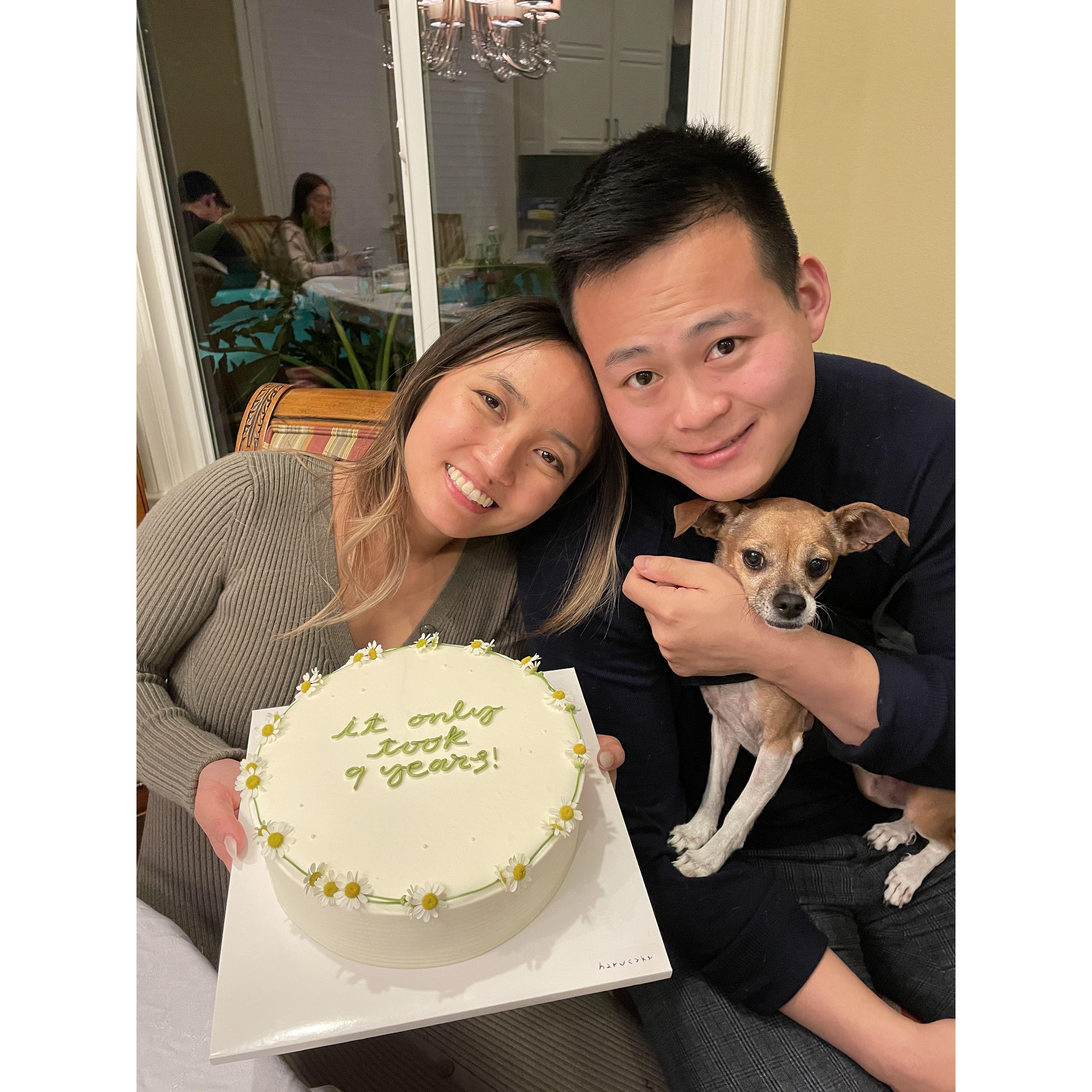 At our surprise engagement party with the cake Nancy's brother and cousins bought