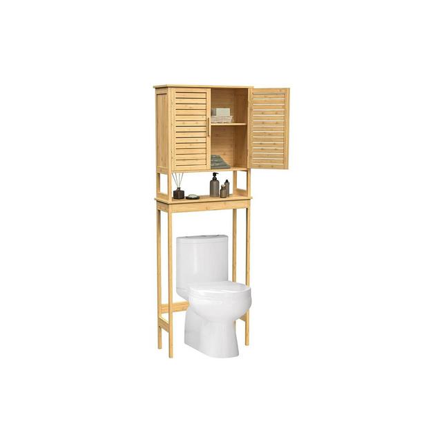 SONGMICS Over-The-Toilet Storage Bathroom Cabinet with Adjustable Inside Shelf and Bottom Stabilizer Bar Natural