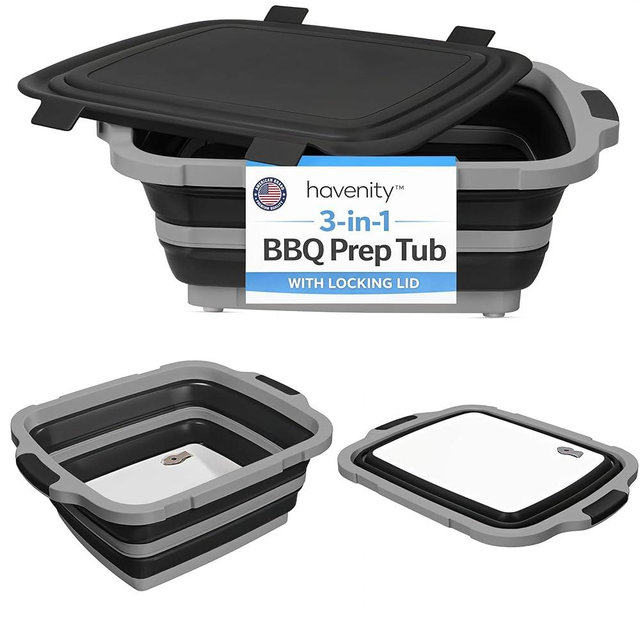 Havenity BBQ Prep Tub 16L - Multifunctional Collapsible Camping Cutting Board with Upgraded Locking lid, Meat Storage Container for Meal Prep, Dish Basin Bowl Perfect for Grilling, Outdoor Cooking XL