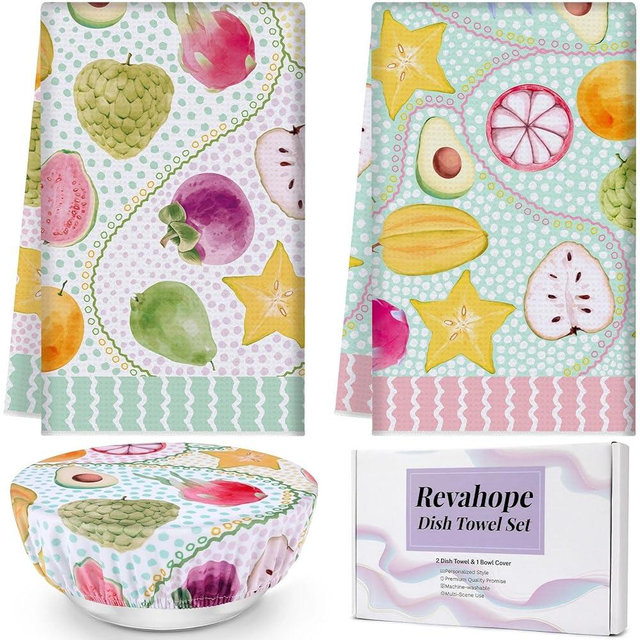Revahope 2 Pieces Cotton Kitchen Towel Set, 18×30 Inches Decorative Hand Towels Absorbent Dish Tea Towels for Kitchen with 9.8 Inches Bowl Cover(Fruit)