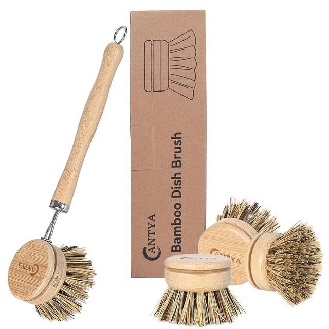 Bamboo Dish Scrubber with Handle 4 Replacement Heads, Natural Dish Scrub Brush Sustainable & Biodegradable, Bamboo Dish Brush for Cleaning Cast Iron Pan/Pot(Hard Bristles)