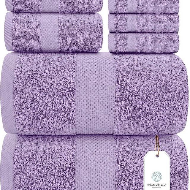 White Classic Luxury Lavender Bath Towel Set - Combed Cotton Hotel Quality Absorbent 8 Piece Towels | 2 Bath Towels | 2 Hand Towels | 4 Washcloths [Worth $72.95] 8 Pack | Lavender