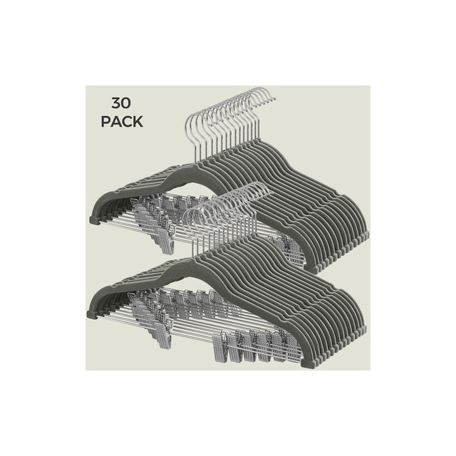 SONGMICS 30 Pack Skirt Pants Hangers Velvet Clips Hangers with Adjustable Clips Non-Slip Grey