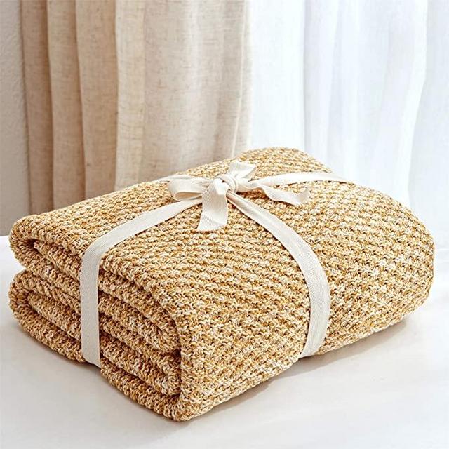 Longhui bedding Gold Knitted Throw Blanket for Couch – Soft, Cozy Machine Washable 100% Cotton Sofa Blanket, Heavy 3.8lb Weight, 60”x80”, Mustard Yellow and White