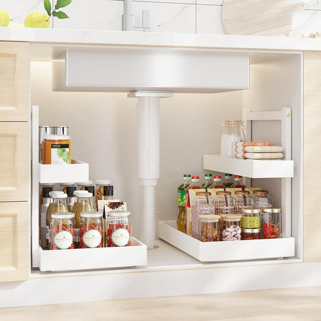 Bamboo Under Sink Organizer and Storage, 2 Tier Pull Out Cabinet Organizer, Slide Out Under Sink Storage Shelf, Undersink Organizers Shelves for Kitchen Bathroom Organization(White, 2 Packs)