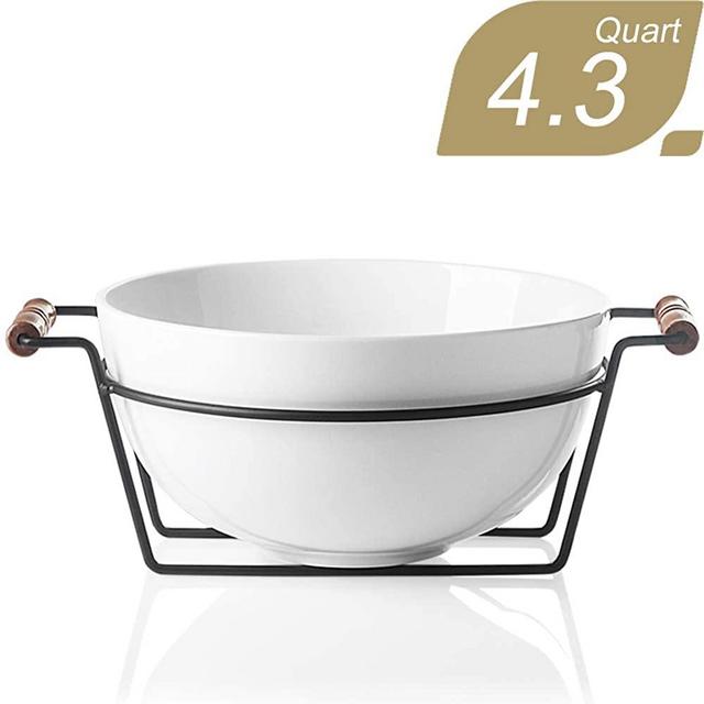 SWEEJAR 4.3 Quarts Porcelain Bowl for Salad Popcorn Fruit Snacks, 138 Oz Large Bowl with a Stand, Serving for Family Party (White)