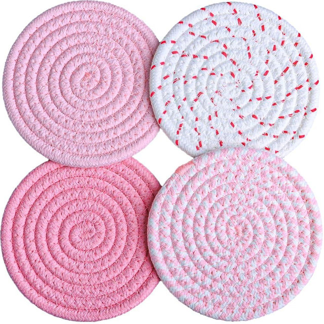 4.8 inch Drink Coasters Set of 4, Large Fabric Cotton Coasters,Cute Girly Absorbent Handmade Woven Coaster,Minimalist Boho Table and Desk Decor Posavasos for Coffee Cups as Gift (Colorful Pink)