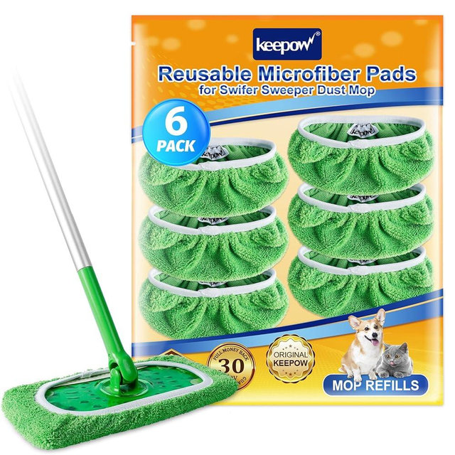 KEEPOW Reusable Wet Pads Refills Compatible with Swiffer Sweeper Mop, Dry Sweeping Cloths, Microfiber Wet Mopping Cloths for Hardwood Floor Cleaning, 6 Pack (Mop is Not Included)