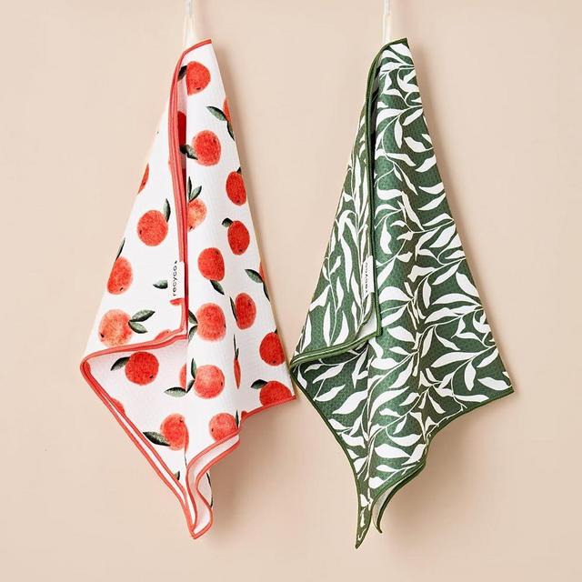 RECYCO Waffle Kitchen Towel Set of 2 - Quick Dry Microfiber Sustainable Dish Towels - Ultra Absorbent Reusable Cleaning Tea Towels - Lightweight Hand Towels,16”x 28”, Peachy Leaves