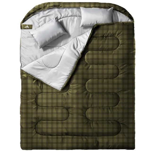 MEREZA Double Sleeping Bag for Adults Mens with Pillow, XL Queen Size Two Person Sleeping Bag for All Season Camping Hiking Backpacking 2 Person Sleeping Bags for Cold Weather & Warm