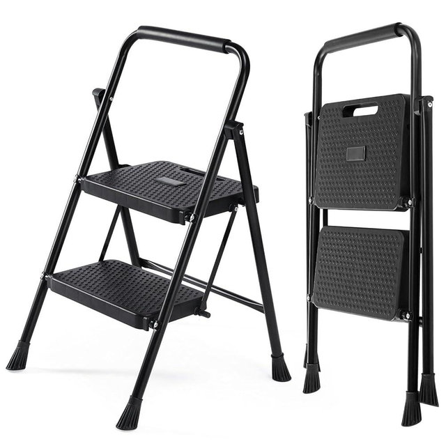 NEWBULIG 2 Step Ladder, Folding Step Stool with Wide Anti-Slip Pedal, Portable Foldable Sturdy Steel Ladder for Home, Dark Black