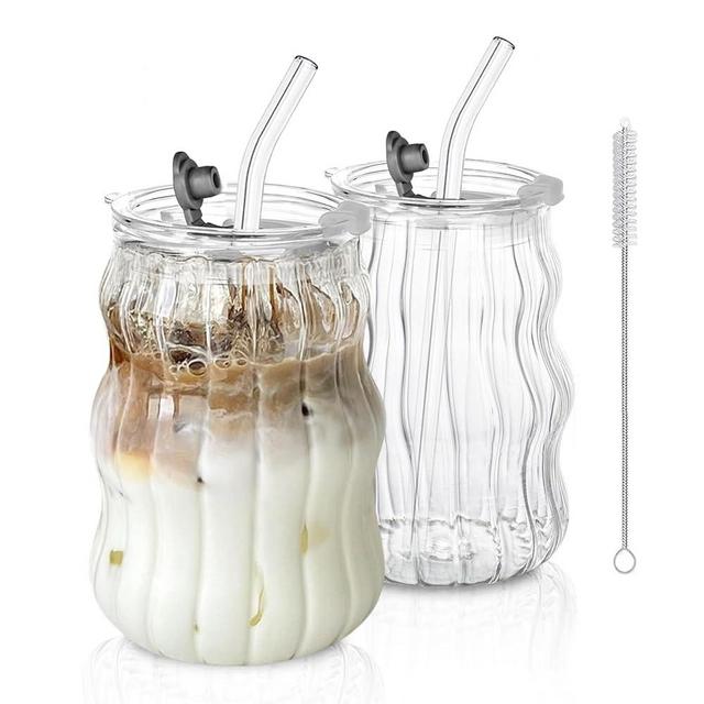 Ribbed Glass Cups with Lids and Straws – Unique Glasses for Iced Coffee, 18oz Vintage Design, Ideal Wavy Coffee Cups with Straws, Bubble Glass Aesthetic, Clear Ribbed Glasses