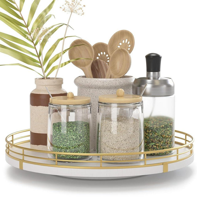 10" Wooden Lazy Susan Turntable for Cabinet – Rotating Spice Rack Organizer, Small Kitchen Countertop Tray for Dining Table & Pantry Storage (White & Gold)