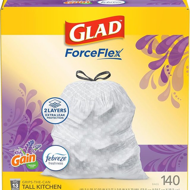 Glad ForceFlex Tall Kitchen Trash Bags, 13 Gallon, Gain Lavender, 140 Count (Package May Vary)
