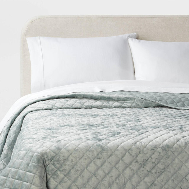 King Luxe Diamond Stitch Velvet Quilt Light Teal Green - Threshold™