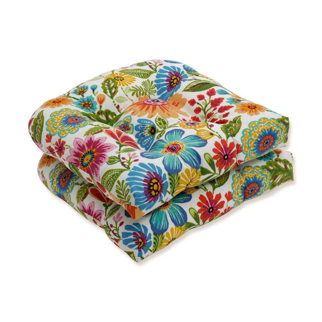 Pillow Perfect Bright Floral Indoor/Outdoor Chair Seat Cushion Tufted, Weather, and Fade Resistant, 19" x 19", Blue/Purple Gregoire 2 Count