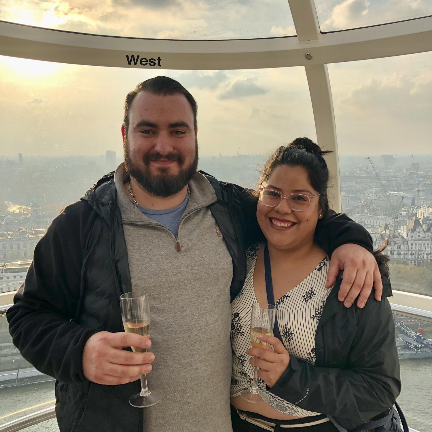 April 14, 2019
London, England. This is on top of the London Eye. Alex stole my champagne since he isn’t the biggest fan of heights but he does it for me.