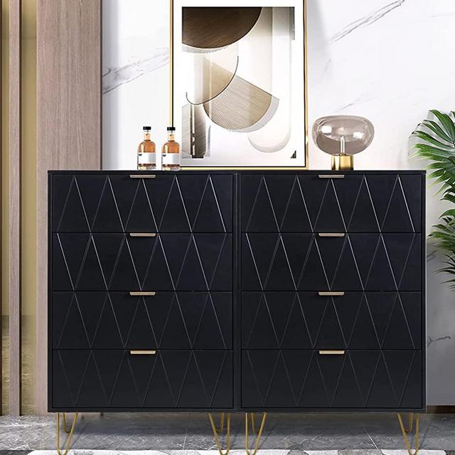 Anbuy Dual 4 Drawer Dresser, Double Drawer Chest, Two Tall Storage Dresser Cabinet Organizer Unit with Metal Legs for Bedroom, Living Room, Closet (Black Set of 2)