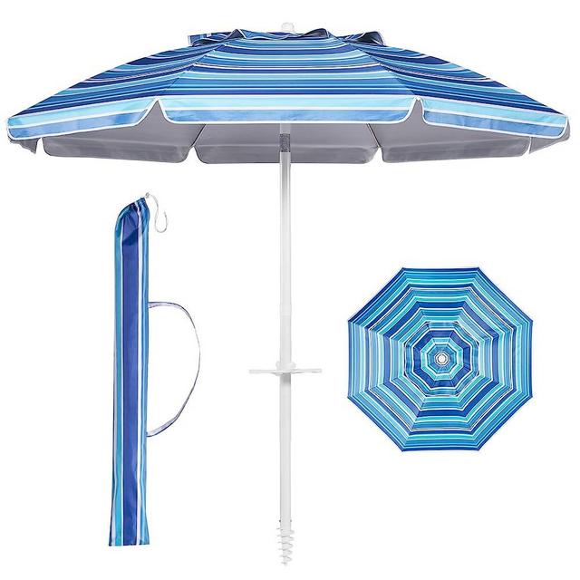 Aoxun 7ft Heavy Duty High Wind Beach Umbrella Parasols with sand anchor & Tilt Sun Shelter, UV 50+ Protection Outdoor Sunshade Umbrella with Carry Bag for Patio Garden Beach Pool Backyard Stripe Blue