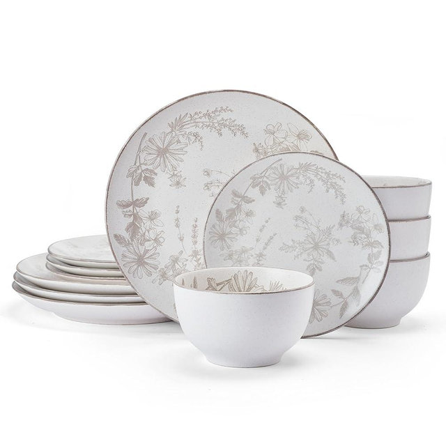 Pfaltzgraff Enchanted Bloom Floral Grey 12 Piece Dinnerware Plate Bowl Set, Service for 4