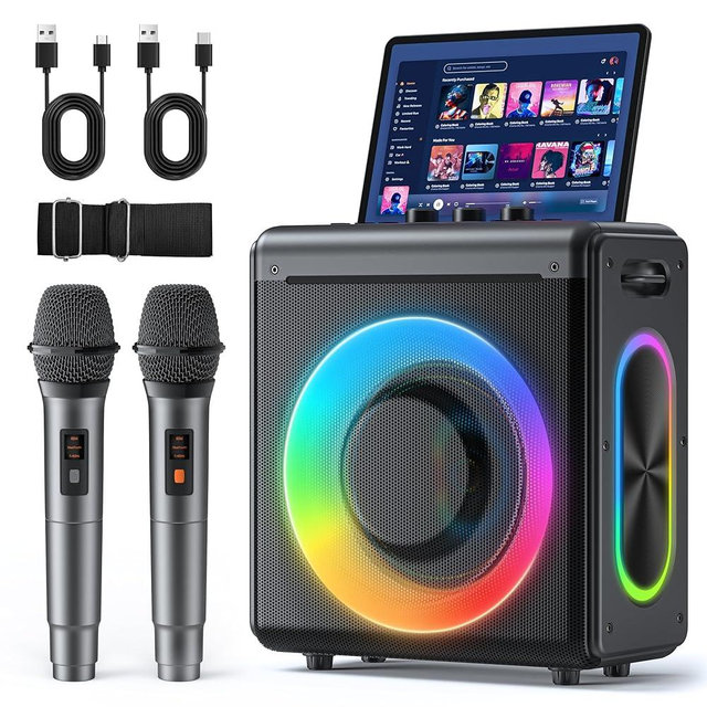 VERKB Karaoke Machine with 2 Wireless Microphones: Portable Bluetooth Speaker for Adults & Kids - PA System with Lights Supports TWS/TF Card/USB/AUX for Home Party-Stage Subwoofers