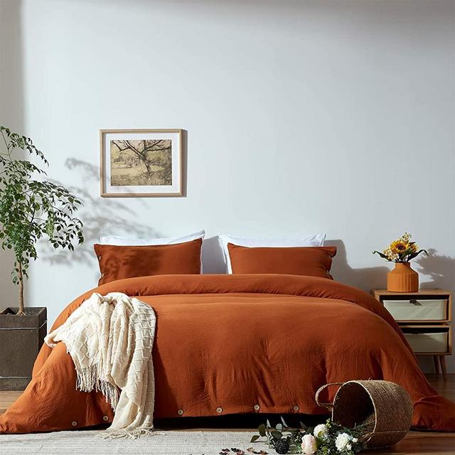 NexHome Duvet Cover Sets Queen Size Rust Double Brushed Microfiber Button Closure & Corner Ties-Breathable and Soft-3pcs
