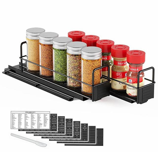 SpaceAid Pull Out Spice Rack Organizer for Cabinet, Heavy Duty Slide Out Seasoning Kitchen Organizer, Cabinet Organizer, with Labels and Chalk Marker, 5.2"W x10.8"D x4"H, 2 Drawers 1-Tier