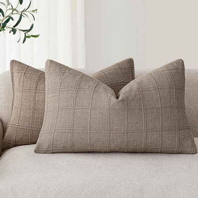 Foindtower Set of 2 Decorative Linen Check Throw Pillow Covers Neutral Farmhouse Lumbar Cushion Covers Modern Boho Home Decor for Sofa Chair Couch Bedroom Living Room Outdoor,12×20 Inch,Tan Taupe