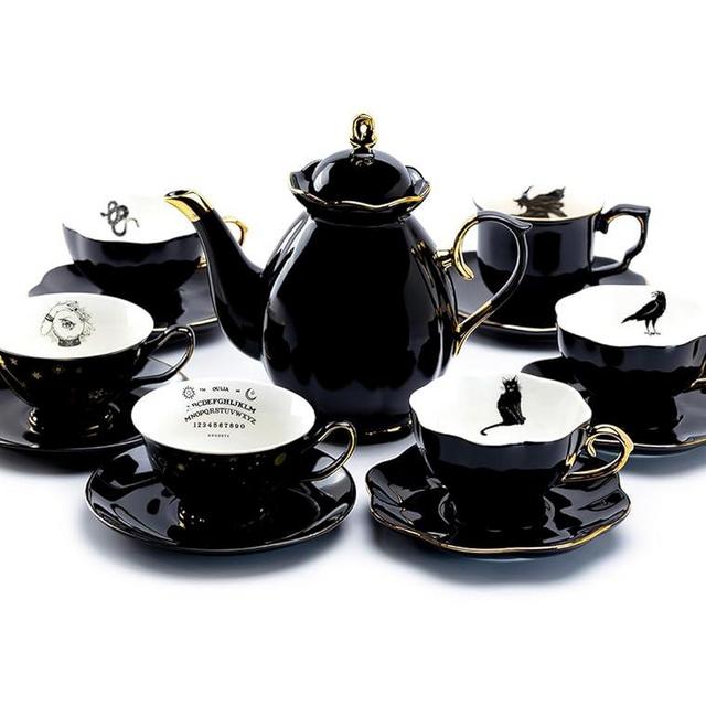 Grace Teaware Black Gold Scallop Teapot + 6 Assorted Halloween Tea Cup and Saucer Sets Hand Painted Gold Trim