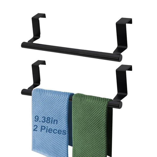 Mziart Over The Door Towel Rack, 2 Pack Matte Black Towel Bar Holder for Bathroom Kitchen Cabinet Cupboard Doors, EVA Foam Protective Pad & Non-Slip Self-Adhesive Blocks (9 Inch)