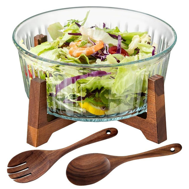 Buaic Large Glass Salad Bowl Set with Acacia Wood Base and Salad Serving Utensils Clear Borosilicate Glass Fruit Bowl and Trifle Bowl, Microwave & Dishwasher Safe Multifunctional Bowl for Popcorn,Chip