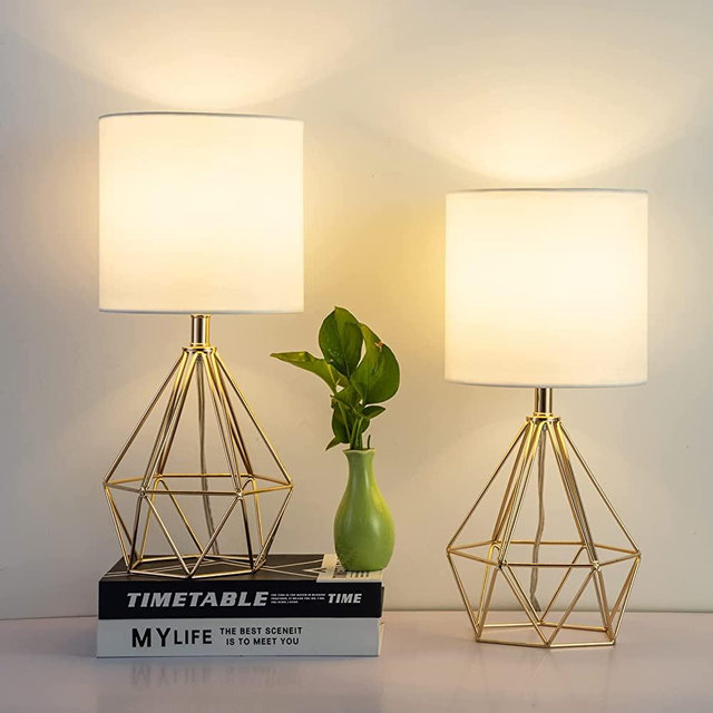 SOTTAE Set of 2 Living Room Bedroom Small Gold End Table Lamp,Bedside Nightstand Lamp with Geometric Metal Cage Base and White Fabric Drum Shade,Modern Desk Lamp for Office Study