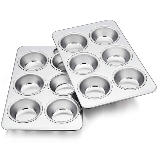TeamFar Muffin Pan, Stainless Steel 6 Cup Muffin Tins Pans for Baking, Cupcake Pan Tray Set for Making Cakes Cornbread Quiche and More, Healthy Non Toxic, Oven Dishwasher Safe - Set of 2