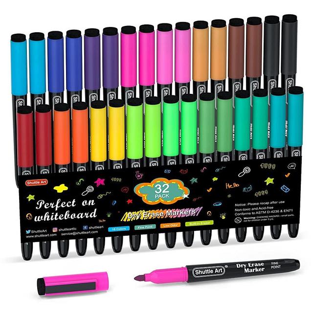 Dry Erase Markers, Shuttle Art 32 Pack 16 Colors Magnetic Whiteboard Markers with Erase,Fine Point Dry Erase Markers Perfect For Writing on Whiteboards, Dry-Erase Boards,Mirrors for School Office Home