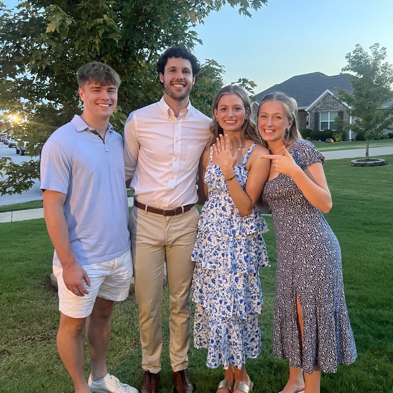 7/18/2025- Photo from our engagement party at Merrick's sister's house in Springdale, Arkansas with friends, Juju and Matt.
