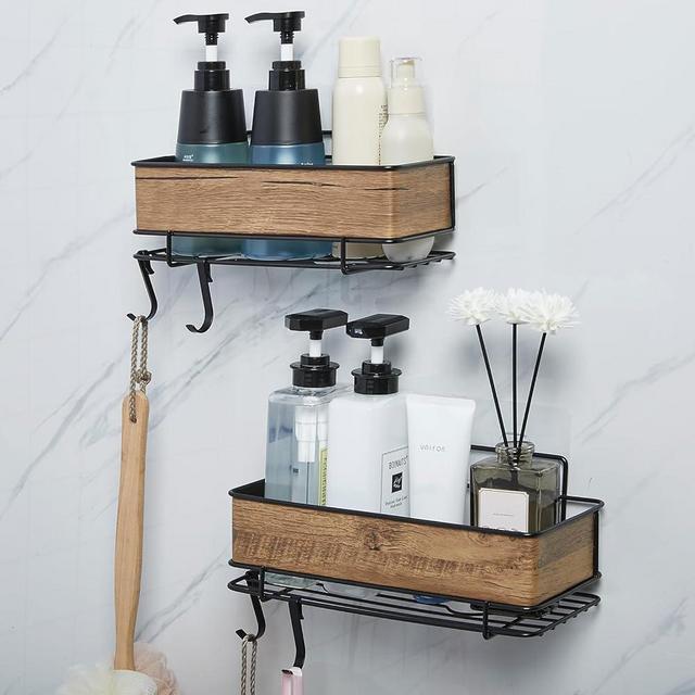 MeimeiDe Shower Caddy Bathroom Shelf Organizer: Shower Storage Rack Adhesive Shower Caddy Shampoo Holder for Shower Wall - Black (Wood Grain Style)