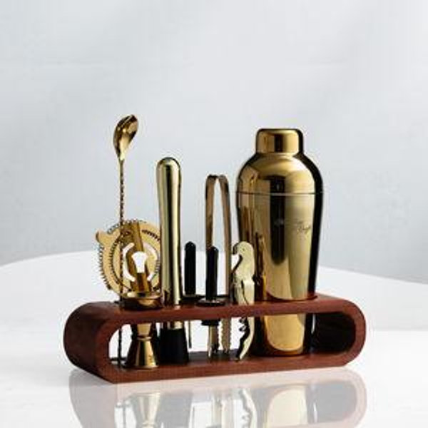 Mixology & Craft Bartender Kit: 10-Piece Bar Tool Set with Mahogany Stand | Perfect Home Bartending Kit and Martini Cocktail Shaker Set, Perfect Drink Mixing Experience | Fun Housewarming Gift (Gold)