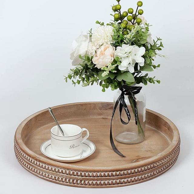 Carah & Cossh Round Wooden Serving Tray, Whitewashed Round Decorative Wood Tray , Round Farmhouse Rustic Decorative Tray, Perfect for Storage and Display (Brown)