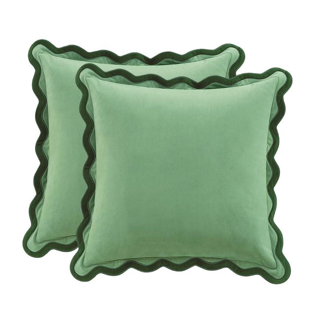 MONDAY MOOSE Decorative Throw Pillow Covers Cushion Cases, Set of 2 Soft Velvet Scalloped Wavy Edge Designs, Mix and Match for Home Decor, Pillow Inserts Not Included (18x18 inch, Green/Light Green)
