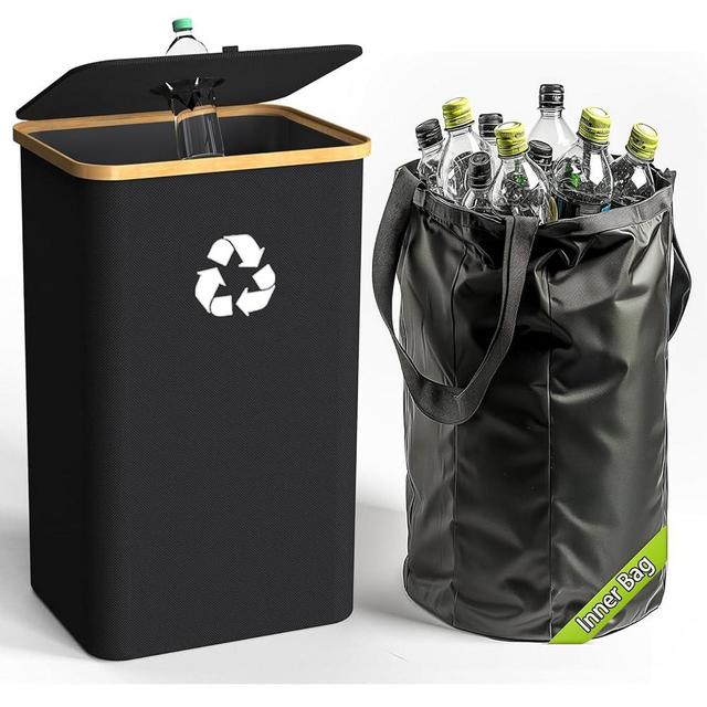 Pakusane Recycling Bin for Kitchen Indoor Home, Large 26 Gallon 100L Recycle Bin with Lid Removeable Reusable Inner Bag Bottle Can Glass Waste Plastice Stickers,Black