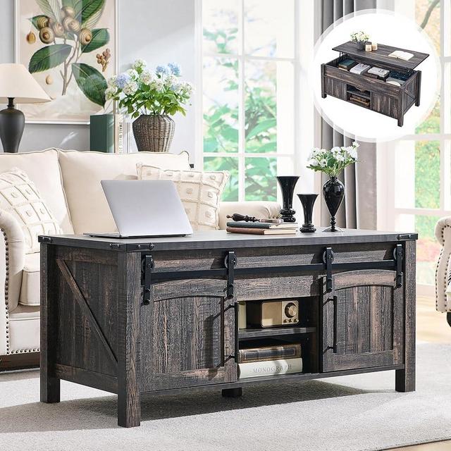 OKD Farmhouse Lift Top Coffee Table with Sliding Door, 48" Large Rustic Center Table with Hidden Storage Compartment, Lifting Tabletop, Adjustable Shelf for Living Room, Office,Dark Rustic Oak