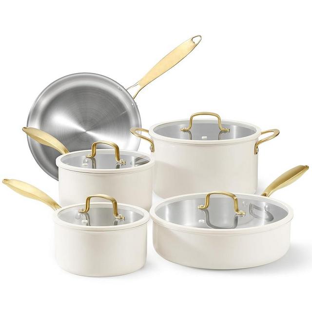 CAROTE Tri-Ply Stainless Steel Cookware Set, 9 Pcs Stainless Steel Pots and Pans Set with Tempered Glass Lids, Stay-Cool Golden Handles, Dishwasher and Oven Safe, California Collection, Cream White