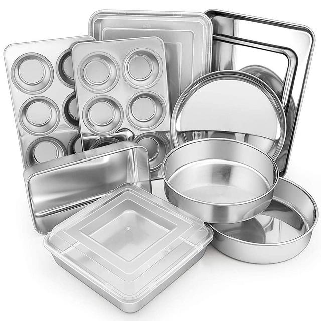 12-Piece Stainless Steel Bakeware Sets, E-far Metal Baking Pan Set Include Round Cake Pans, Square/Rectangle Baking Pans with Lids, Cookie Sheet, Loaf/Muffin/Pizza Pan, Non-toxic & Dishwasher Safe