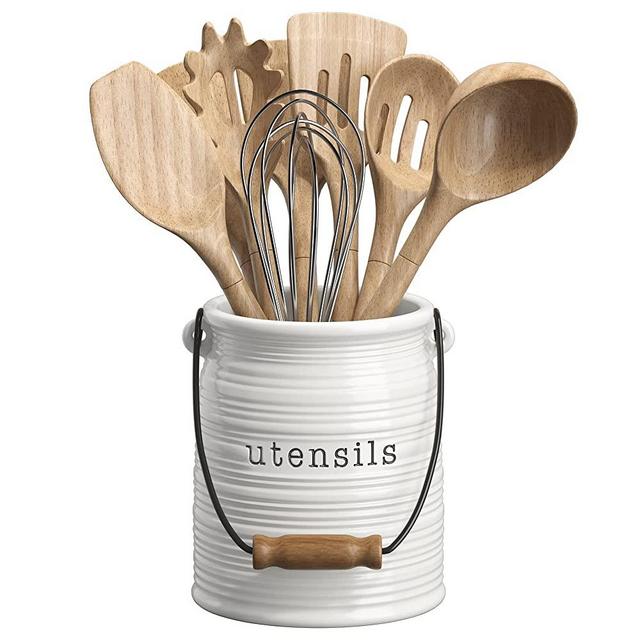 Barnyard Designs Ceramic Utensil Crock Holder with Metal and Wood Handle, Rustic Farmhouse Kitchen Countertop Decor, Organizer Caddy for Cooking Utensils, Spatulas and Mixing Spoons, 5.5" x 6", White