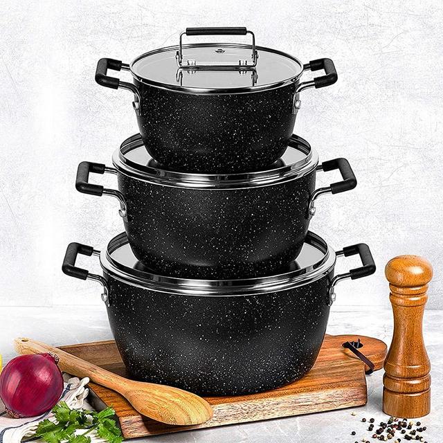 Granitestone Granite Stone 6 Piece Non-stick Nesting Pots, Ultra Durable Mineral and Diamond Triple Coated Surface, Space Saving Cookware, Dishwasher Safe, Black, Set