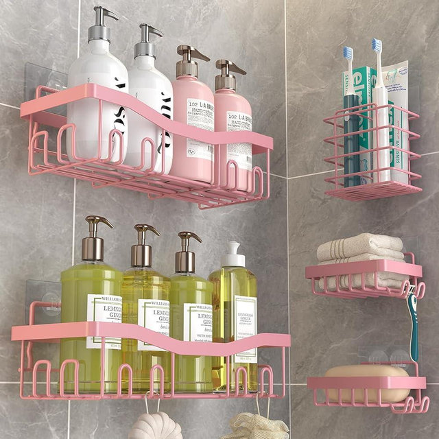 Youvip Adhesive Shower Caddy, No Drilling Bath Organizers 5 Pack, Rustproof Shelves with Soap Holder & Toothbrush Holder, Pink Bathroom Accessories Decor Set
