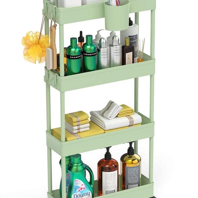 LEHOM 5.1" Slim Storage Cart - 4 Tiers Bathroom Organizer Mobile Shelving Unit Storage Rolling Utility Cart Slide Out Organizer for Kitchen Bathroom Laundry Narrow Places, Green